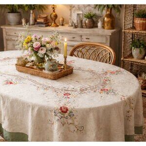 Floral embroidered vintage tablecloth oblong oval handmade roses boho coquette f